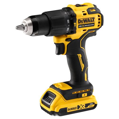 Masina de gaurit si insurubat cu percutie (bormasina) pe acumulator DeWALT DCD709M1-QW, motor fara perii, 18V, 65 Nm, 2 viteze, mandrina metal 13 mm, acumulator 4 Ah, incarcator rapid, clema, valiza