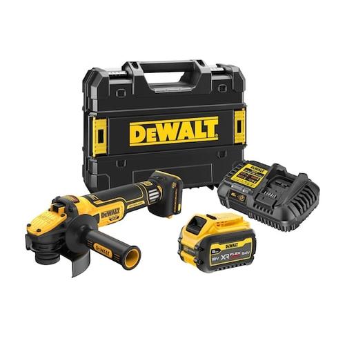 Polizor unghiular (flex) pe acumulator DeWALT DCG409VST1, 18V XR, brushless, turatie variabila 9000 RPM, diametru disc 125 mm, 1x acumulator Li-Ion 6 Ah FLEXVOLT, frana electronica, ambreiaj electronic, M14, profil ingust, TSTAK, incarcator