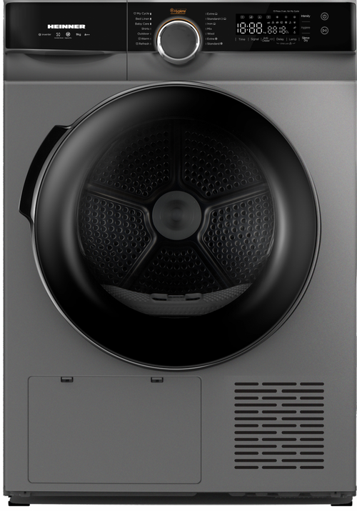 Uscator de rufe cu pompa de caldura HEINNER HHPD-M9K3SA+++, 9 kg, Clasa A+++, 14 programe, Motor inverter, Control tactil, Lumina cuva (Argintiu)