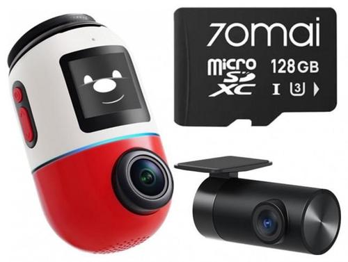 Camera video auto 70mai Omni X800 Dash Cam + Camera spate RC14, 4K la 360⁰, Ecran IPS 1.4inch, Procesor Quad Core NT98530, Wi-Fi 6 + BLE, Control vocal + Card microSD 128GB (Alb/Rosu)