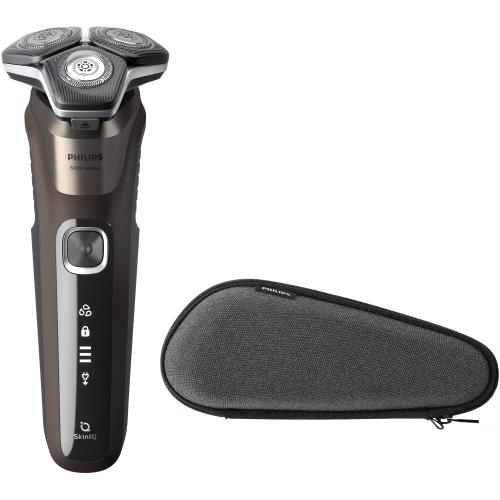 Aparat de barbierit Philips Shaver Seria 5000 S5886/30, barbierit umed si uscat, tehnologie SkinIQ, fara fir, capete flexibile 360°, display LED, senzor Power Adapt, lame auto-ascutire, lama de tuns integrata, 60 min, toc transport (Maro)