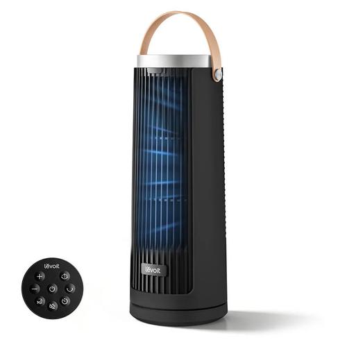Ventilator turn Levoit Windi Mini, 33, 5cm, Nivel zgomot 20 dB, Portabil, Temporizator de pana la 12h, 7.5W, Oscilatie de 90°, 5 Trepte viteza, Turbo, Telecomanda, Negru