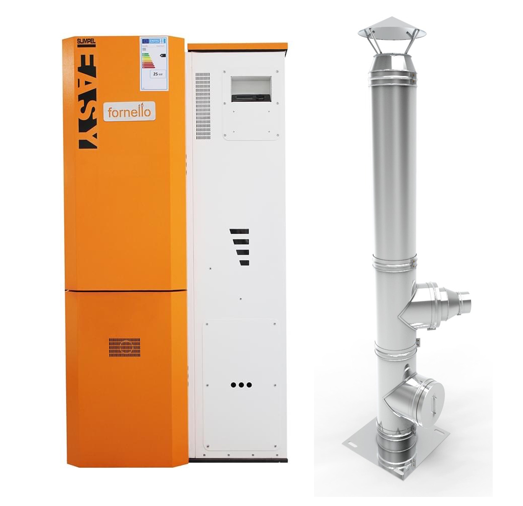 Pachet Centrala pe peleti  Fornello Slimpel Easy 25 kw, arzator inox, pompa de circulatie, tiraj fortat 80 mm, pompa electronica Grundfos, sistem curatare mecanica, A+, Cos inox 6 ml 120 mm