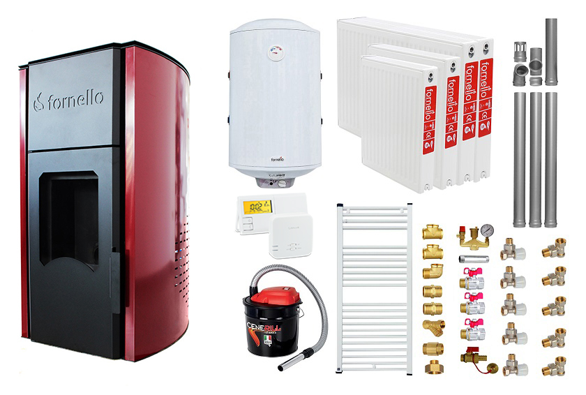 Pachet Termosemineu peleti Fornello Royal Bordeaux 25 kw, complet echipat, pompa circulatie, vas expansiune, automatizare, kit evacuare 3.5 ml, Boiler Termoelectric Fornello 100 l, Termostat Radio Comanda Salus 091FLRFV2, Aspirator, Calorif