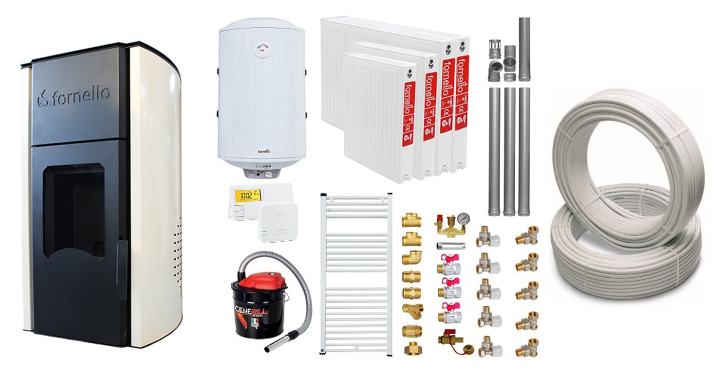 Pachet Termosemineu peleti Fornello Royal Ivory 25 kw, complet echipat, pompa circulatie, teava hidronix, vas expansiune, automatizare, kit evacuare 3.5 ml, Boiler Termoelectric Fornello 100 l, Termostat Salus 091FLRFV2, Aspirator, Calorife