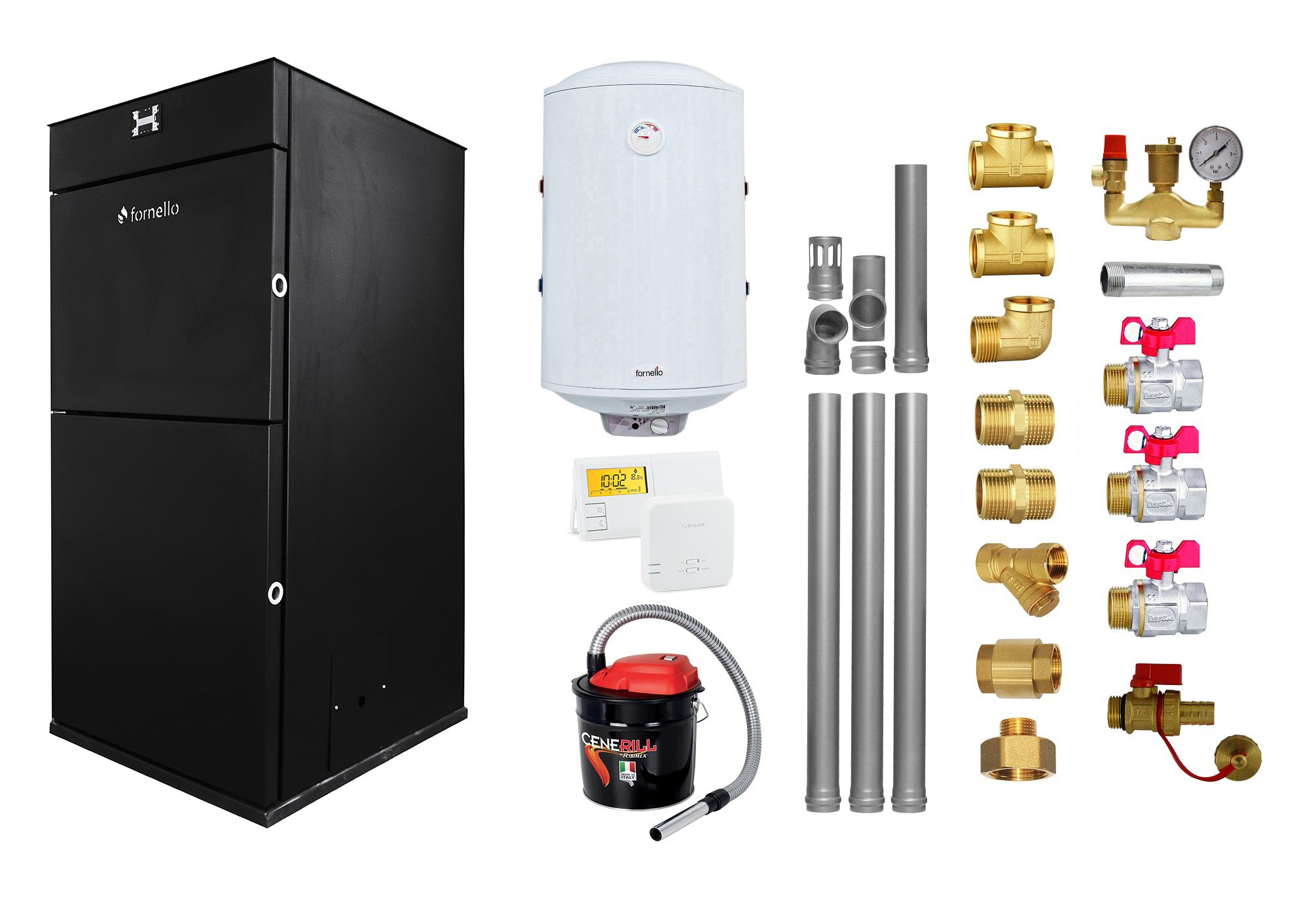 Pachet Centrala peleti Fornello Pellet King 25 kw, complet echipata pentru  incalzire,  pompa circulatie, vas  expansiune,  automatizare, kit evacuare 3.5 ml, Boiler Termoelectric Fornello 100 l, Termostat Salus 091FLRFV2, Aspirator si kit 