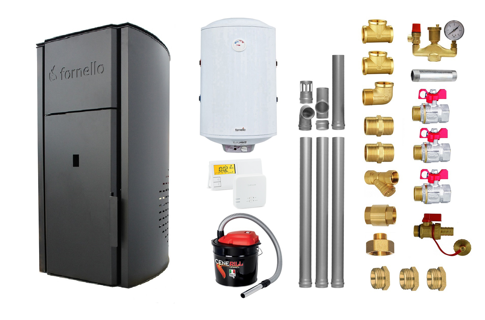 Pachet Centrala peleti Fornello Royal Black 30 kw, complet echipata pentru incalzire, pompa circulatie, vas expansiune, automatizare, kit evacuare 3.5 ml, Boiler Termoelectric Fornello 100 l, Termostat Salus 091FLRFV2, Aspirator si kit mont