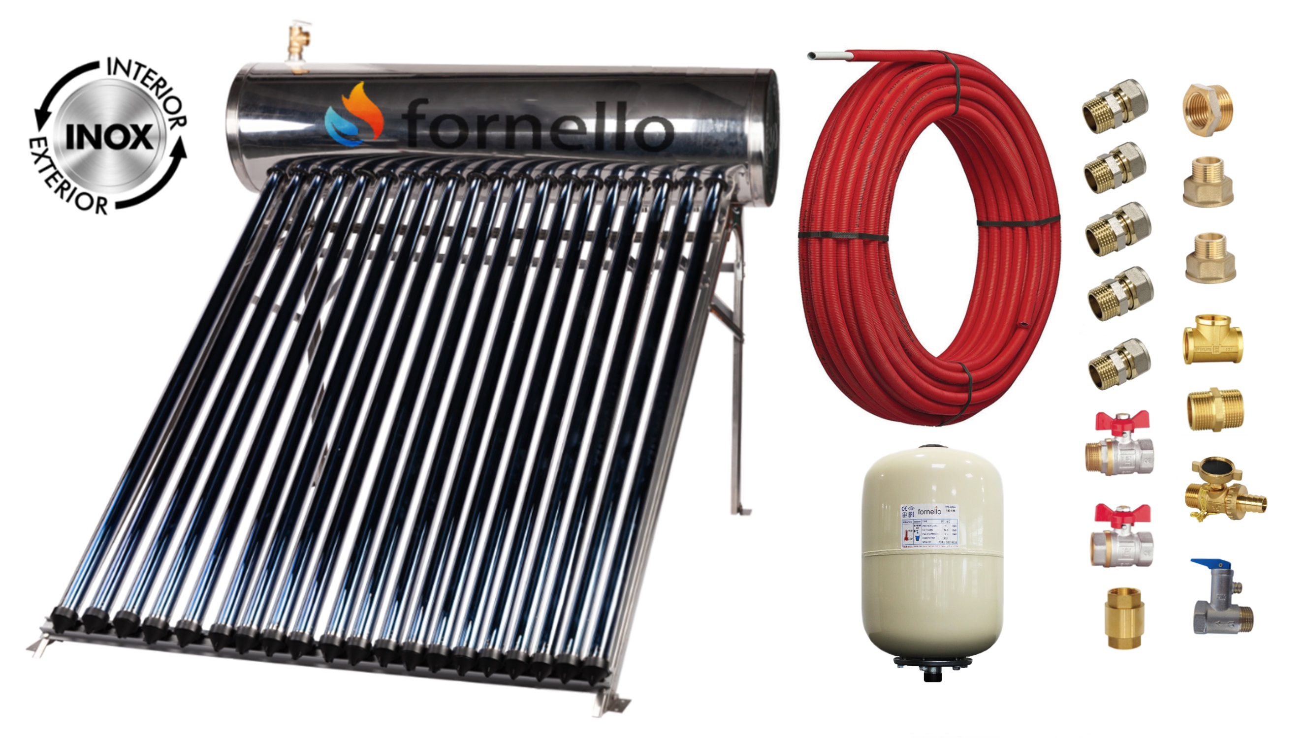 Pachet panou solar presurizat compact FORNELLO SPP-470-H58/1800-20-c cu 20 tuburi vidate de tip heat pipe si boiler din inox de 177 litri, Teava, Vas Expansiune si Fitinguri montaj