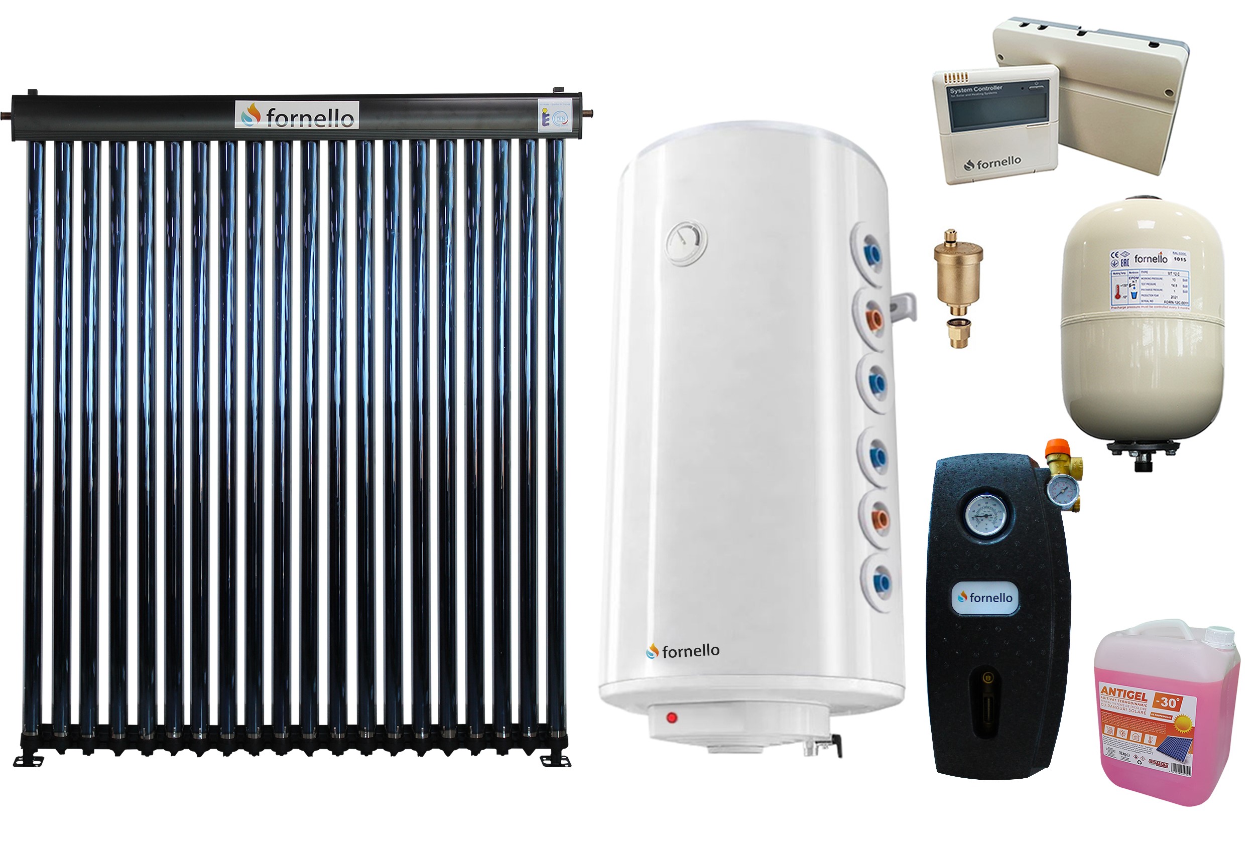 Pachet premium sistem solar presurizat, panou Fornello 20 Tuburi Heat Pipe, Boiler cu 2 serpentine Fornello Optima GCV7/4S 150 l, controller, vas expansiune, grup pompare, aerisitor 1/2, antigel