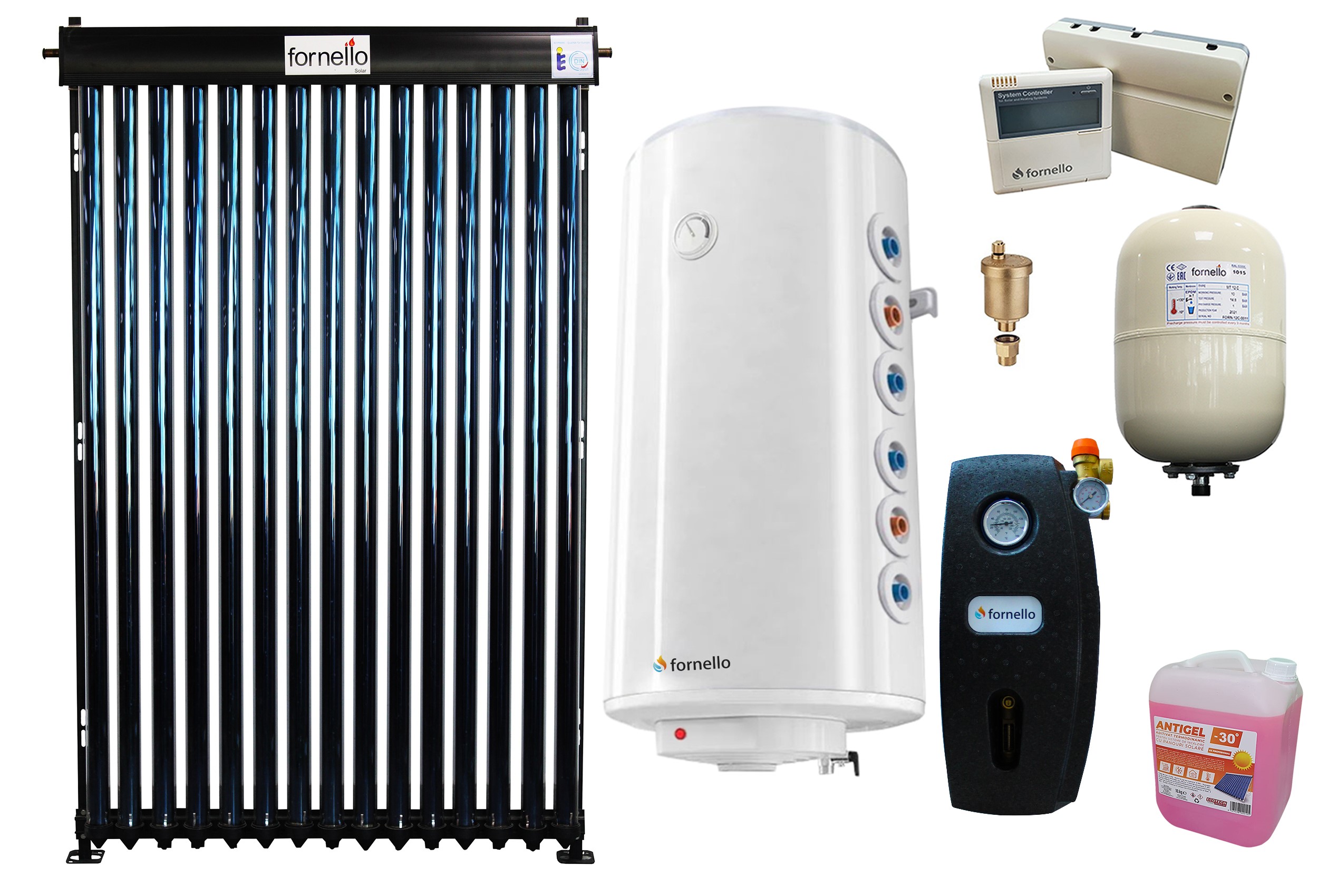Pachet premium sistem solar presurizat, panou Fornello 15 Tuburi Heat Pipe, Boiler cu 2 serpentine Fornello Optima GCV7/4S 150 l, controller, vas expansiune, grup pompare, aerisitor 1/2, antigel