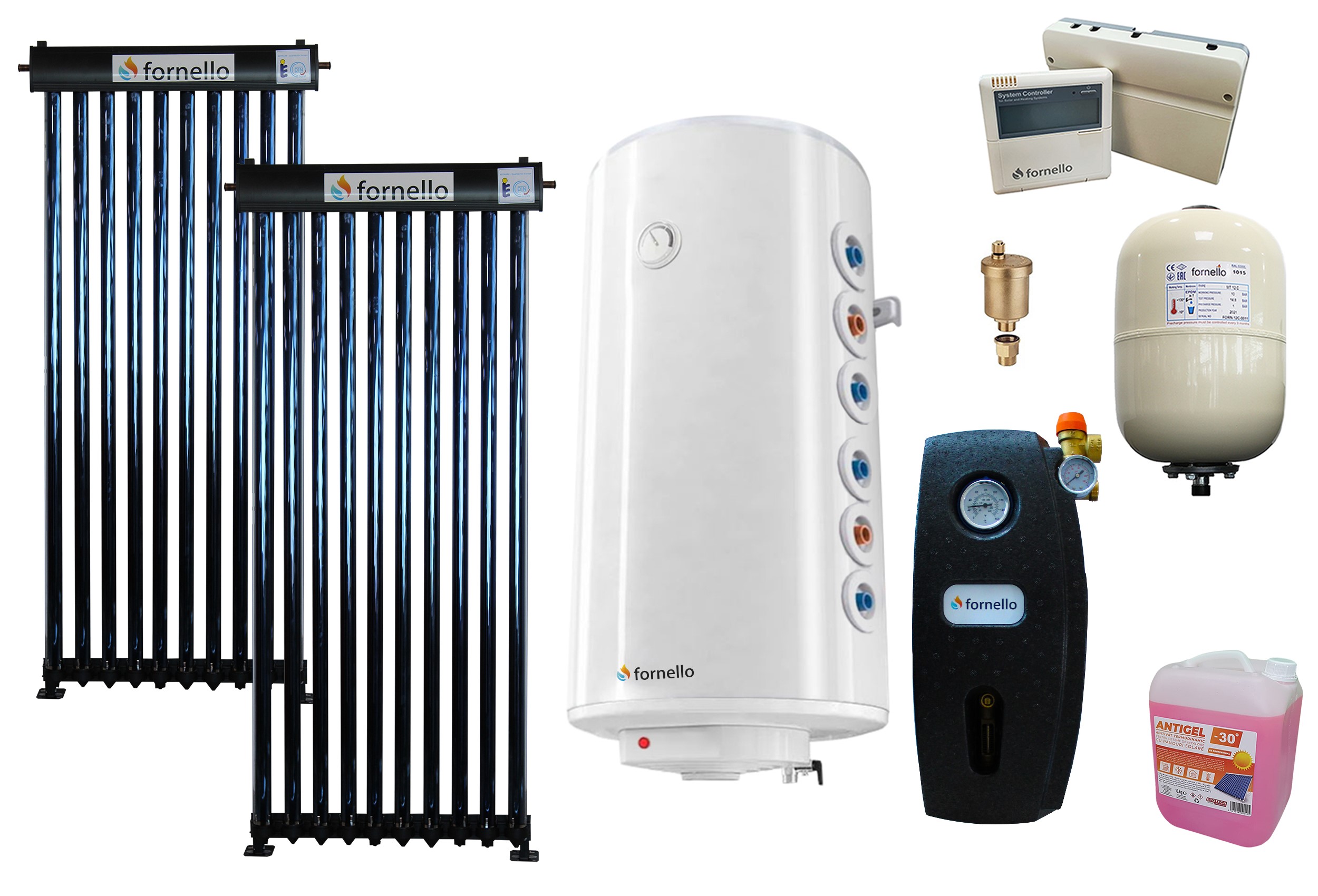 Pachet premium sistem solar presurizat, panou Fornello 20 Tuburi Heat Pipe, Boiler cu 2 serpentine Fornello Optima GCV7/4S 120 l, controller, vas expansiune, grup pompare, aerisitor 1/2, antigel