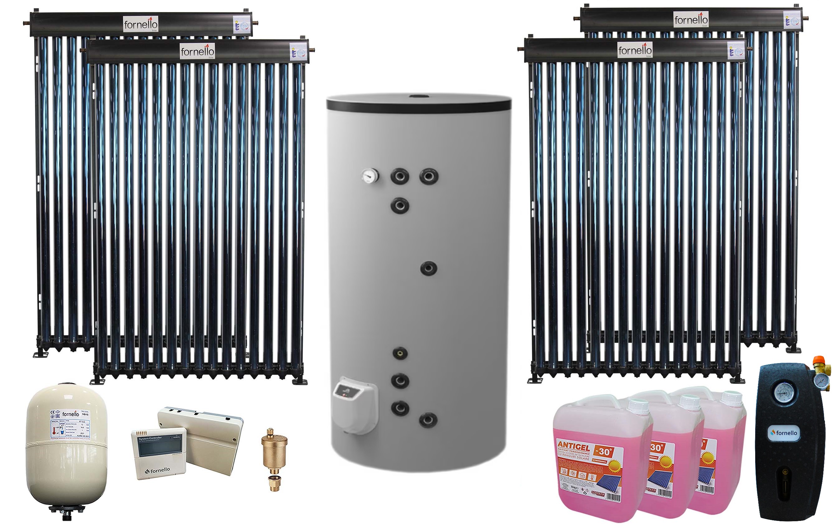Pachet premium sistem solar presurizat, Fornello 4 x 15 Tuburi Heat Pipe, Boiler cu 2 serpentine Eldom FV50080S21, 9000 W, 500 l, controller, vas expansiune, grup pompare, aerisitor 1/2, antigel