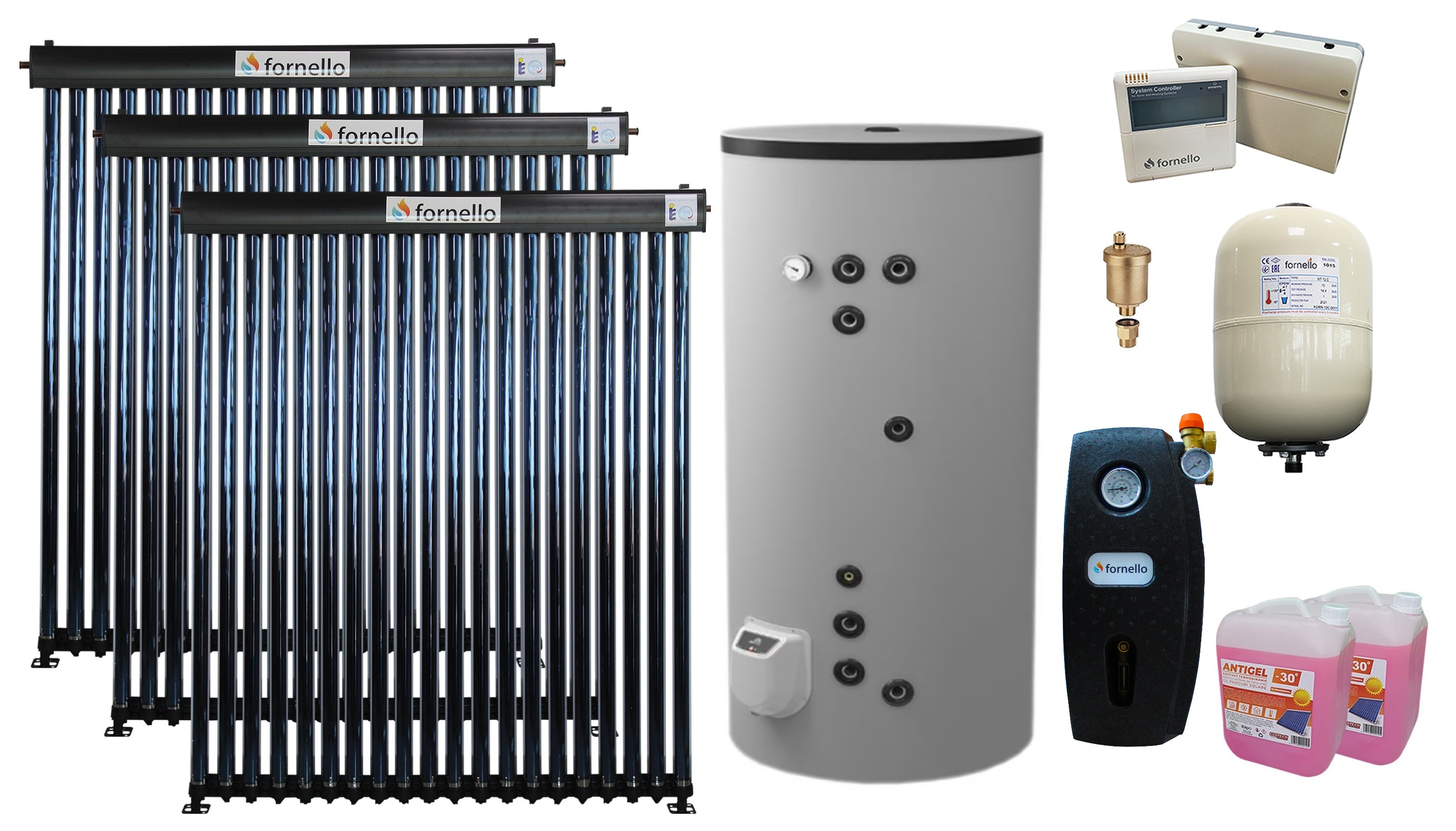 Pachet sistem solar presurizat, panou Fornello 3x 20 Tuburi Heat Pipe, Boiler cu 2 serpentine Eldom FV50080S21, 9000 W, 500 l, controller, vas expansiune, grup pompare, aerisitor 1/2, antigel