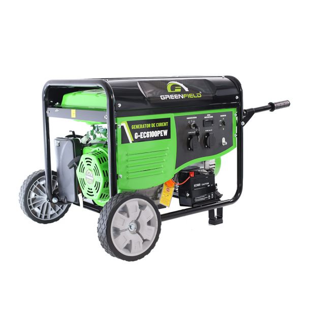 Generator de curent pe benzina Greenfield G-EC6100PEW, portabil, monofazat, 4.5 kVA, pornire electrica, roti de transport