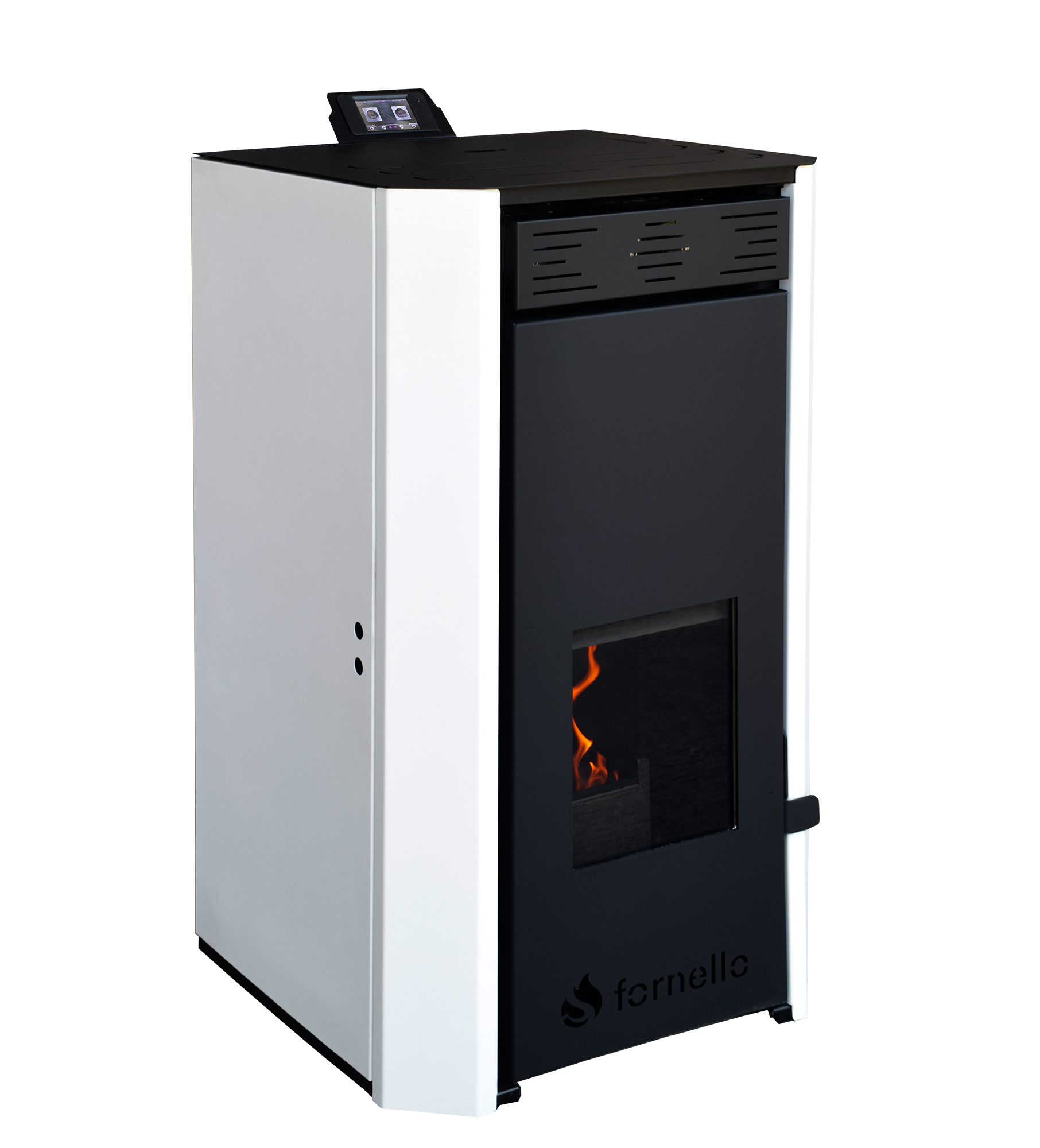 Termosemineu pe peleti Fornello EVA 18 KW, pompa circulatie, vas expansiune, WI-FI, buncar, tiraj fortat, recomandat pentru 120 mp, Alb