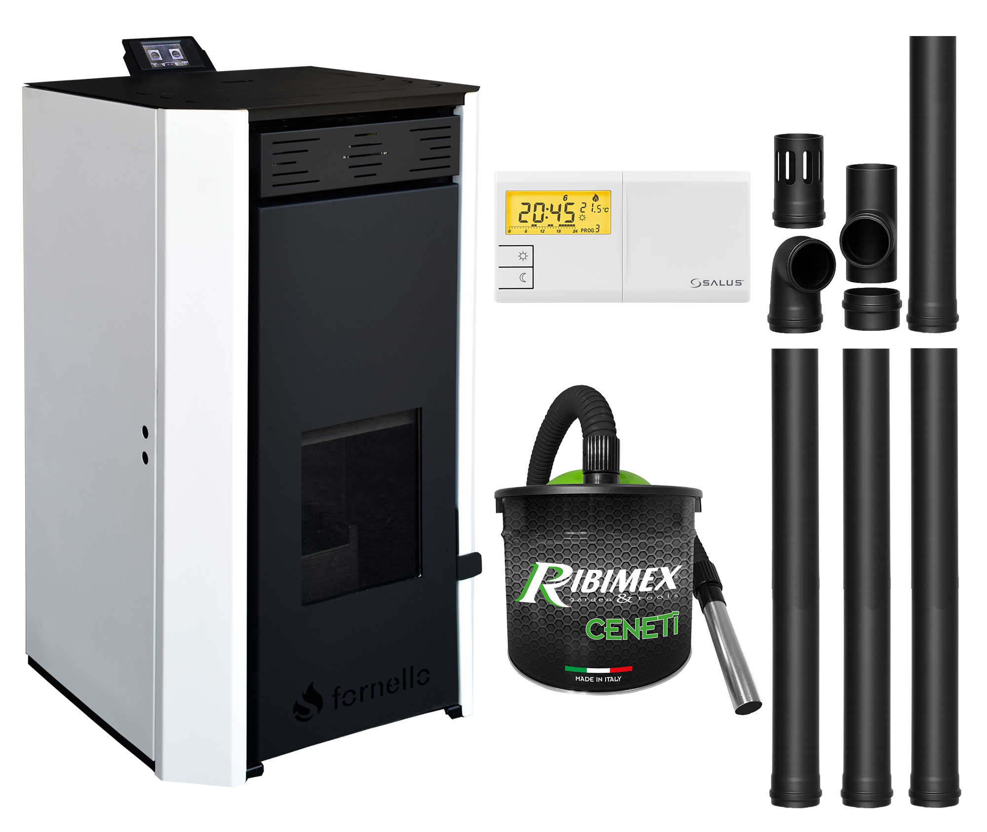Pachet Termosemineu pe peleti Fornello EVA 12 KW, pompa circulatie, vas expansiune, Grup siguranta, WI-FI, buncar, tiraj fortat, kit evacuare, termostat Salus 091FLRFV2, aspiratior, Clasa A++, recomandat pentru 80 mp, Alb