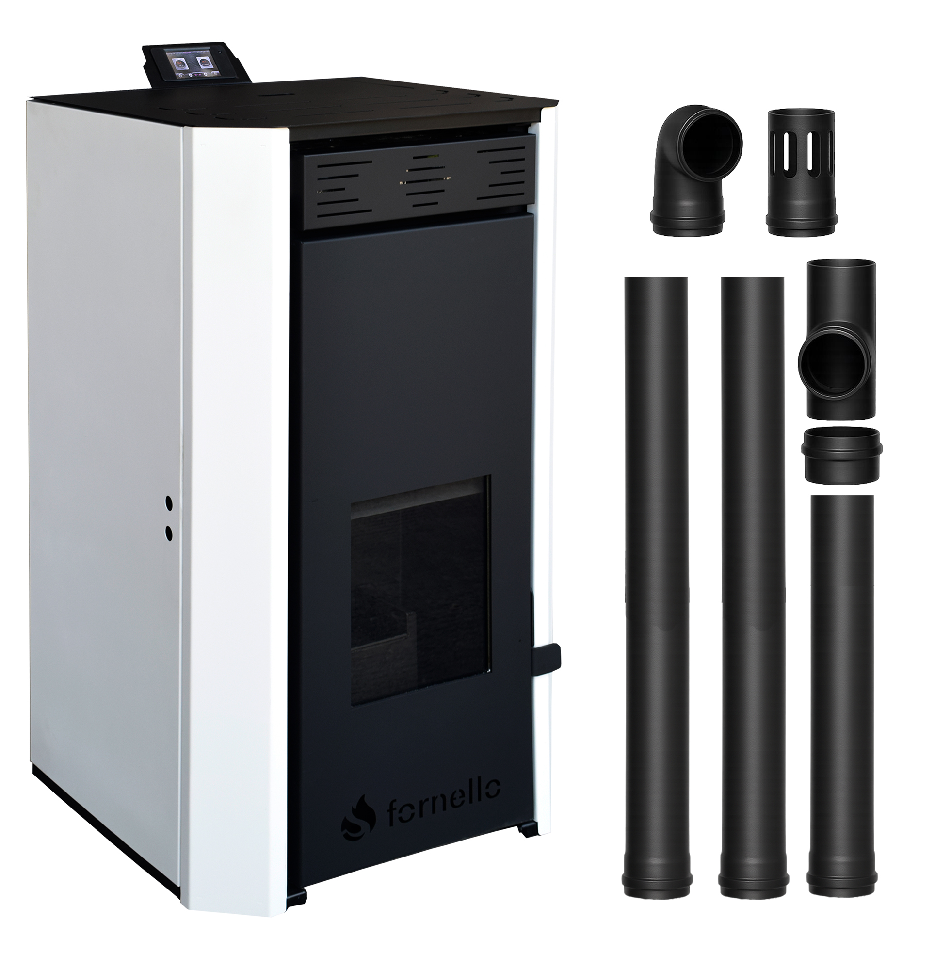 Pachet Termosemineu pe peleti Fornello EVA 12 KW, pompa circulatie, vas expansiune, Grup siguranta, WI-FI, buncar, tiraj fortat, kit evacuare 2.5 ml, Clasa A++, recomandat pentru 80 mp, Alb
