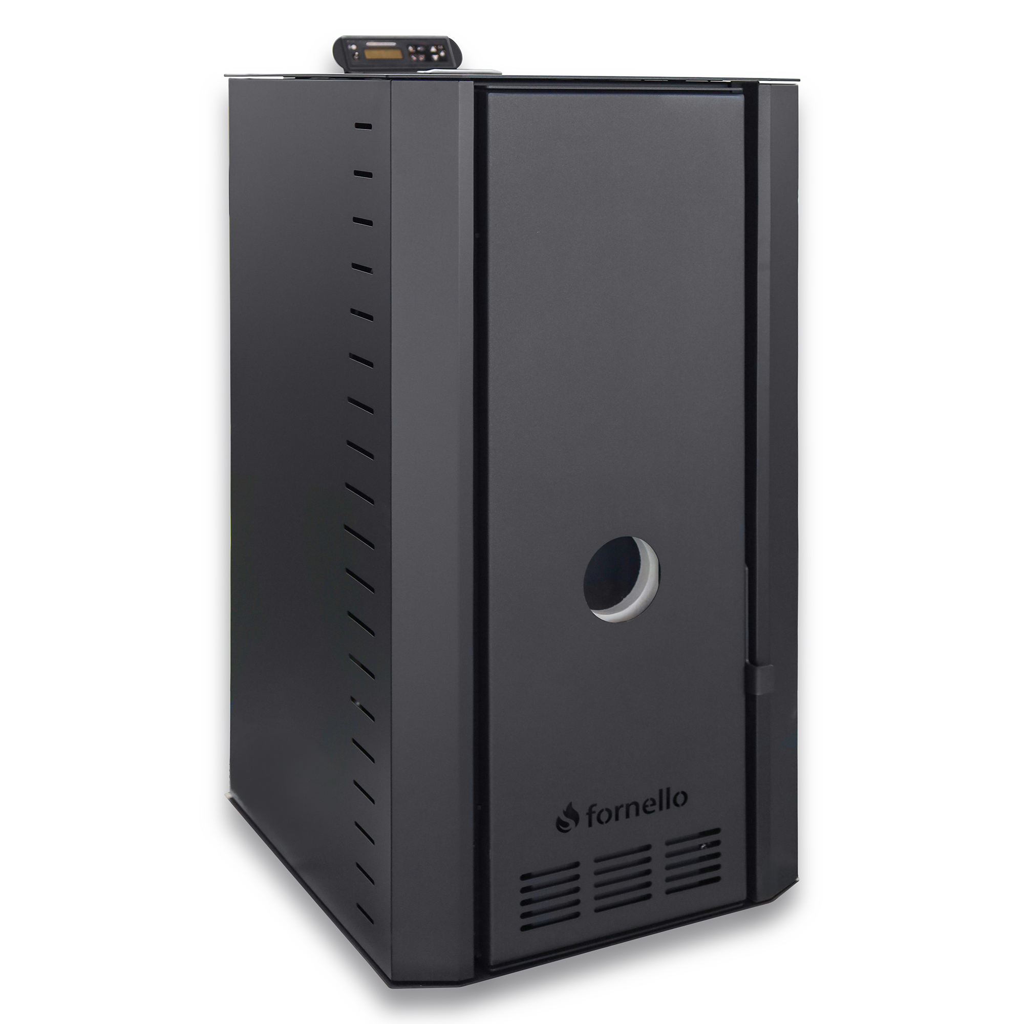 Cazan pe peleti Fornello SERENA B, 25 kw, complet echipat cu pompa de circulatie, vas de expansiune, supapa siguranta, telecomanda, culoare Black, arzator peleti din fonta, pentru suprafete pana la 150 mp