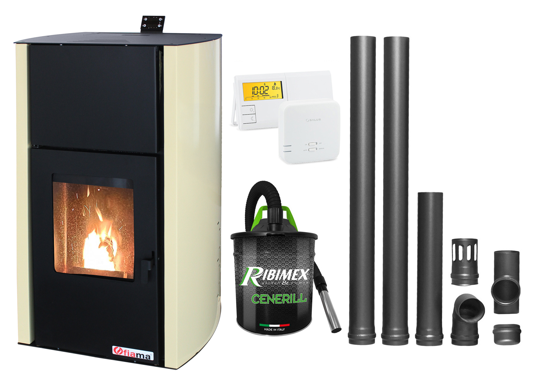 Pachet Termosemineu pe peleti Fornello Fiama Confort 30 kW, cu pompa, vas expansiune, automatizare, termostat, aspirator, kit evacuare 2.5 ml, buncar 35 kg, tiraj fortat, culoare crem, pana la 200 mp