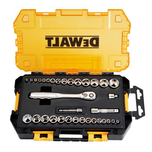 Set tubulare 1/4 si 3/8 inch cu 34 piese DeWALT DWMT45034-0, tava detasabila compatibila cu dulapuri standard, balamale pentru interconectare cu seturi DeWALT, clichet 72 dinti pentru spatii inguste, marcaje gravate pentru identificare rapi