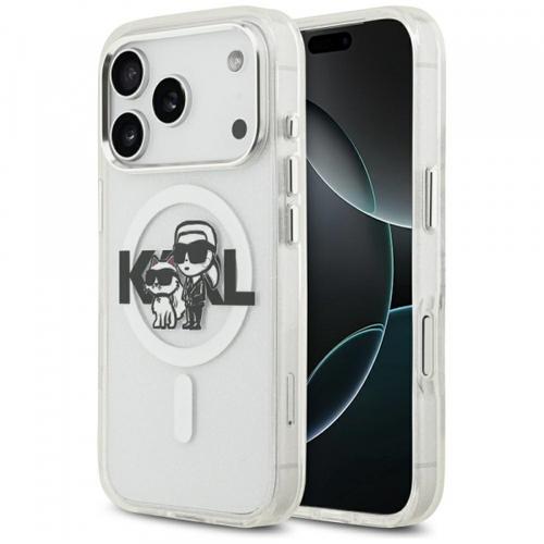Husa MagSafe pentru Apple iPhone 17 Pro, Karl Lagerfeld, IML Sketch Logo Glitter Karl & Choupette, Transparenta