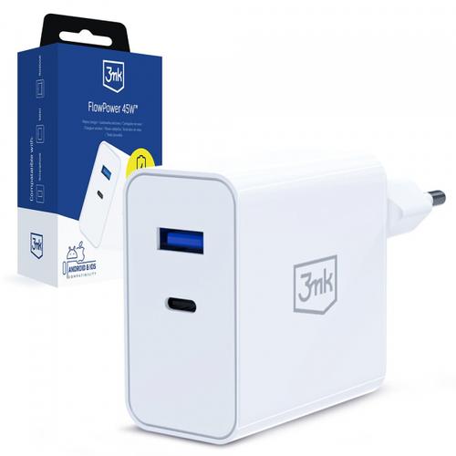 Incarcator Retea 3MK FlowPower, 45W, 1 x USB-A - 1 x USB-C (Alb)