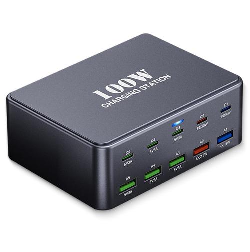 Incarcator Statie OEM HW33, 100W, 3A, 5 x USB-A - 5 x USB-C (Gri)