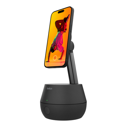 Incarcator wireless cu suport de urmarire Belkin STAGE Auto-Tracking Stand Pro cu DockKit, 15 W, Rotire 360 grade, NFC, MagSafe (Negru)