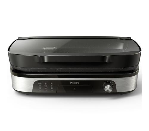 Gratar electric de masa Philips Seria 5000 HD6212/90, 2400 W, temperatura reglabila, dispozitiv de afumare, suprafata de frigere mare: 1250 cm², plita versatila, strat de piatra Maifan, placi detasabile, capac de sticla (Negru/Inox)