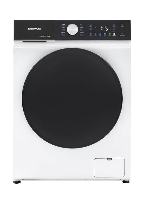 Masina de spalat rufe Daewoo DWD-CS9014, 9 kg, Motor inverter, 1400 rpm, 16 programe, butoane touch, panou de control negru cu pictograme colorate, Usa dubla neagra, Clasa A (Alb)