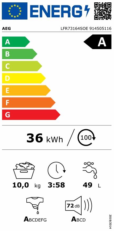 Masina de spalat rufe AEG Seria 7000 Ecoline LFR73164SOE, 10 kg, 1600 rpm, Clasa  A(A-30%), Wi-Fi, Dozator Universal -lichid,praf si pernute, Tehnologie ProSense + ProSteam, motor Inverter cu Magnet Permanent (Alb)