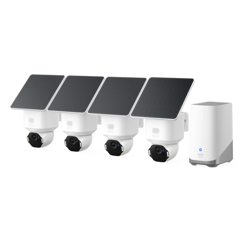 Kit supraveghere video eufy Security SoloCam E42, Rezolutie 4K, cu Panou Solar, AI, Pan&Tilt, Recunoastere faciala, HomeBase S380 + 4 camere video (Alb)