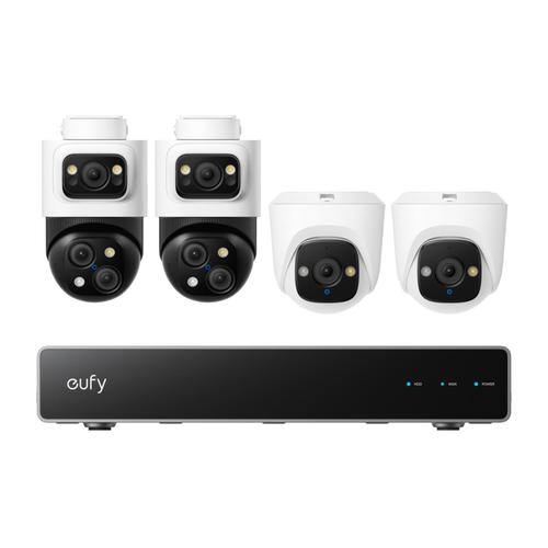 Kit supraveghere video eufy NVR S4, AI, Dual View, Night Vision Color, cu 2 camere PoE Bullet si 2 camere PoE Turret (Alb/Negru)