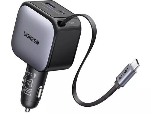 Incarcator auto Ugreen 60W, cu cablu retractabil USB-C, 1x USB-C, 1x USB-A (Gri)