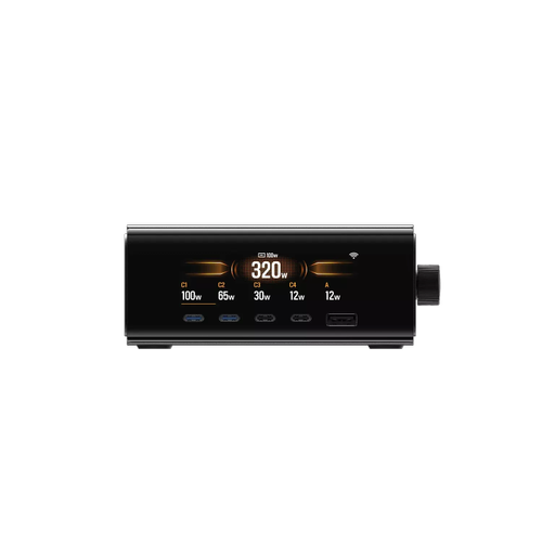 Incarcator si statie de incarcare EcoFlow RAPID Pro 320W, 5 porturi GaN, 4 × USB-C, 1 × USB-A (Negru)