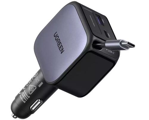 Incarcator auto Ugreen 90W, 1xUSB-C, 1xUSB-A, cu cablu USB-C incorporat (Negru)
