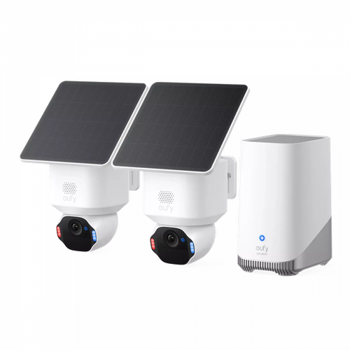 Kit supraveghere video eufy Security SoloCam E42, Rezolutie 4K, cu Panou Solar, AI, Pan&Tilt, Recunoastere faciala, HomeBase S380 + 2 camere video (Alb)
