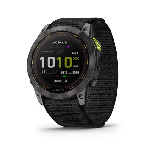 Smartwatch Garmin Enduro 2 Sapphire Solar DLC Titan, Ecran Power Sapphire™ 1.4inch, 32GB Flash, GPS, Bluetooth®, ANT+®, Wi-Fi®, Autonomie 34 zile, 10 ATM (Negru/Gri)