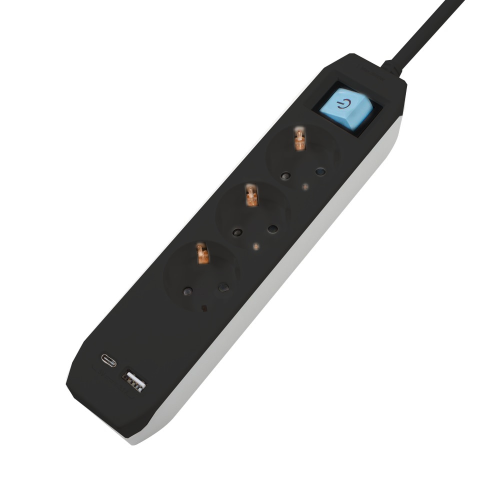 Prelungitor Spacer PP-3-18B-TC-USB, Schuko x 3, Type-C x1, USB x 1,  cablu 1.8m (Negru)