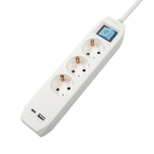 Prelungitor Spacer PP-3-18-TC-USB, Schuko x 3, Type-C x1, USB x 1,  cablu 1.8m (Gri/Alb)