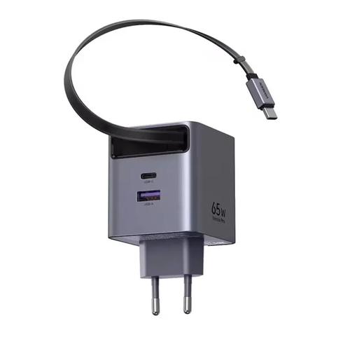 Incarcator retea UGREEN X615, 65 W, 2x USB Type-C, 1x USB, Cablu integrat 0.7 m (Gri)