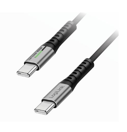 Cablu de date si alimentare LogiLink CU0434, USB 3.2, USB Gen Type-C (T) la USB Type-C (T), 2m, PD 100W, 3 x ecranat, 4K/60Hz, 20Gbps, LED, metal (Negru)