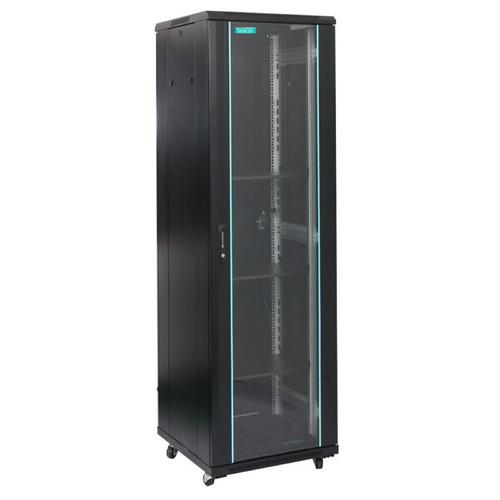 Cabinet de podea Spacer SPCN-18U-600-BK-03, 18U, 19inch, Flatpack (dezasamblat), usa sticla cu blocare, panouri laterale detasabile, otel 2mm, sarcina maxima 1000Kg (Negru)