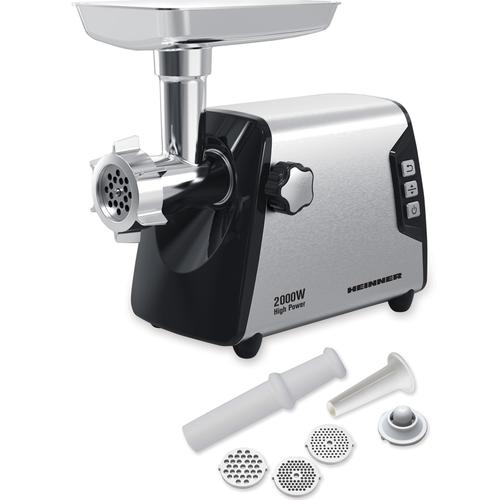 Masina de tocat Heinner HMG-Y2000SS, 2000W, Capacitate tocare de 3kg/min, Cutit inox, 3 site metalice, Buton switch cu 2 viteze, Functie reverse, Carcasa inox (Negru/Argintiu)
