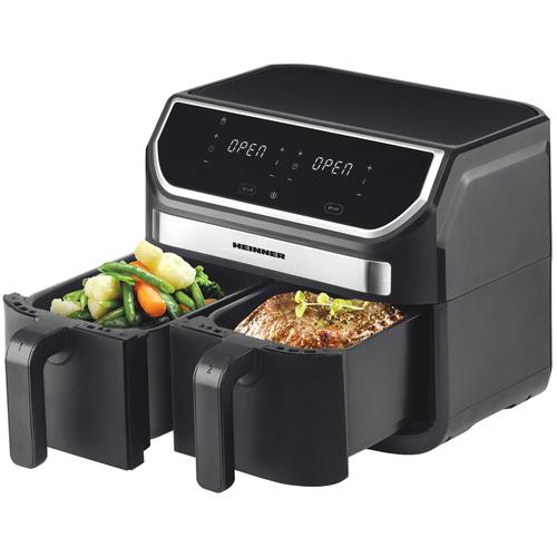 Friteuza dubla cu aer cald Heinner Double Master HAF-KDB1700BK, 8.5L, 1700W, doua cosuri detasabile antiaderente, tehnologie de circulare rapida a aerului, display digital cu control Touch, 11 programe presetate, 80-200 grade, timer 60 min,