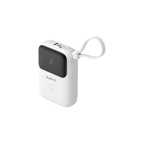 Baterie externa Havit PB5215, 10000 mAh, 1x Lightning, 2x USB-C, 20 W, Display, Cablu USB-C integrat (Alb)