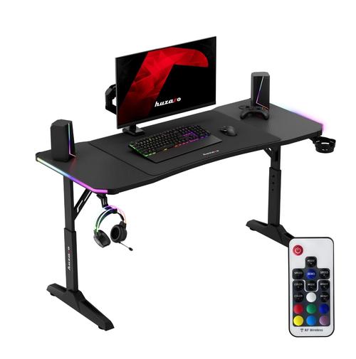 Birou Gaming Huzaro Hero 3.6 RGB, 140x 60 cm, Reglare pe inaltime 56-79 cm, Blat cu finisaj CARBON, Mousepad XXL inclus, Iluminare RGB (Negru)