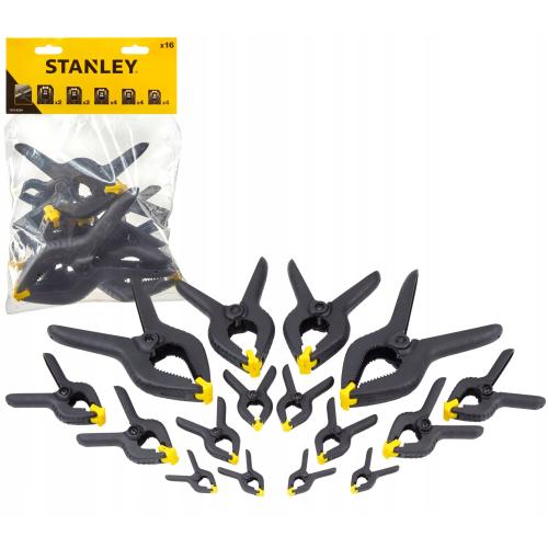 Set 16 cleme de prindere Stanley, diverse dimensiuni 19 mm x4, 25 mm x4, 38 mm x4, 63 mm x2, 75 mm x2, nylon