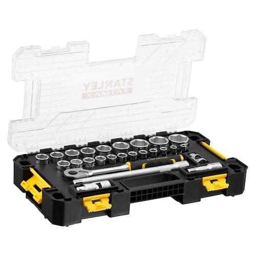 Set tubulare 26 piese STANLEY FATMAX FMMT98103-1, 1/2 inch, conectivitate PRO-STACK pentru solutii mobile, capac transparent pentru identificare rapida, clichet 120 dinti pentru precizie in spatii inguste