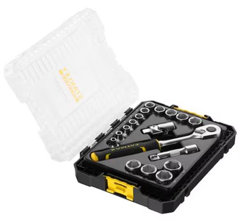 Set tubulare 18 piese STANLEY FATMAX FMMT98102-0, 3/8 inch, compatibil PRO-STACK pentru solutii mobile, capac transparent pentru identificare rapida, clichet bimaterial 120 dinti cu pas de 3 grade pentru spatii inguste